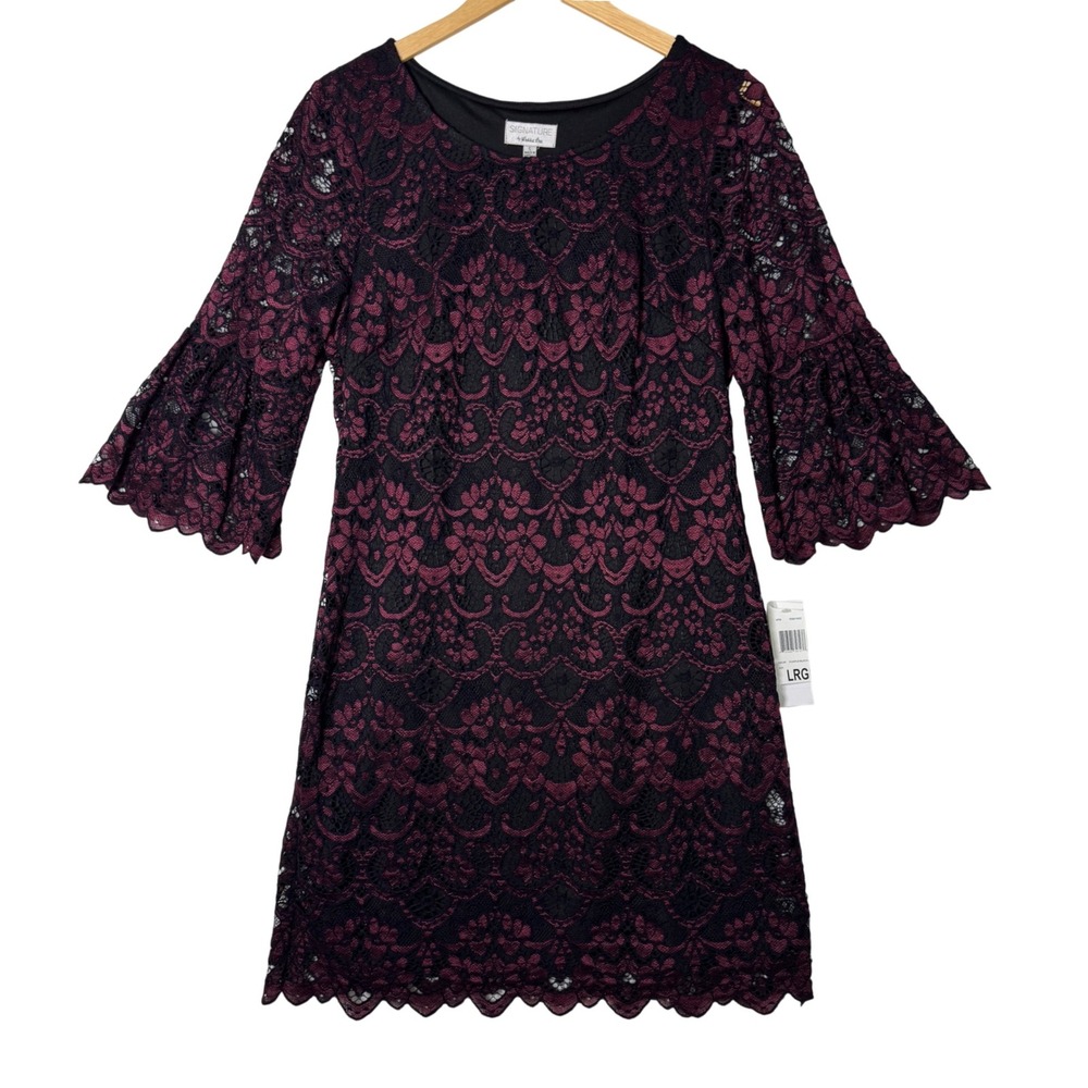 Robbie Bee Womens Large Purple Black‎ Lace Bell Sleeve Cocktail Party Dress New